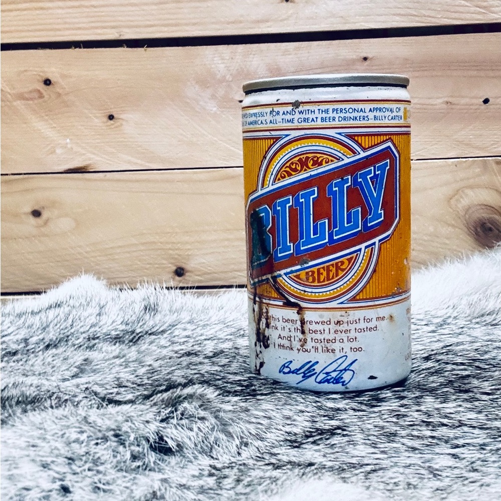 Vintage unopened Billy Beer Can - Retro Orange and Blue Decor